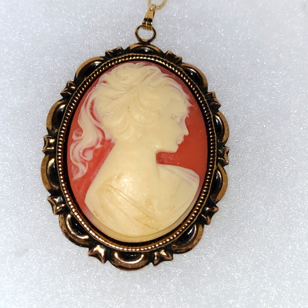 Vintage Framed Victorian Lady Cameo Pendant w/ Gold Textured Chain Link Necklace